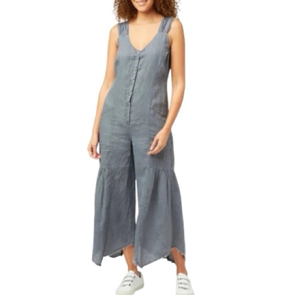 XCVI Women’s Fang Sharkbite Jumpsuit Sleeveless Gray Wide Leg 100% Linen sz XL